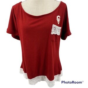 Oklahoma OU Football T Shirt Red/White Ruffles Pocket Short Sleeves Women Sz 2X